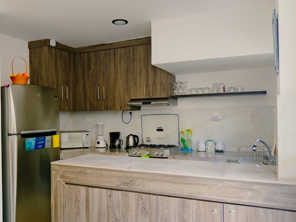 La refrigeradora de acero y el mesón de la cocina de CASA A12.