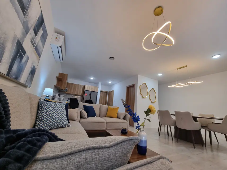 Sala y comedor en un mismo ambiente: el sofá a la izquierda y la mesa de comedor a la derecha.
